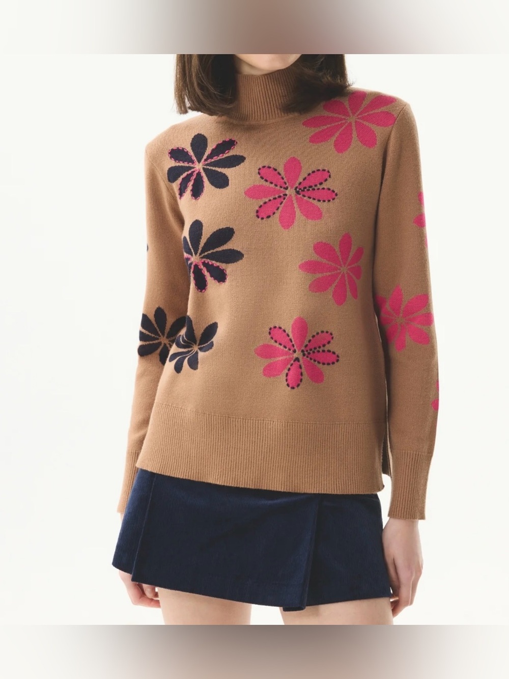 Camel Floral Turtleneck Sweater with Pink & Black Accents